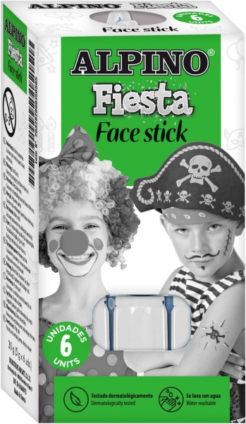 alpino fiesta face stick pack con 6 barritas de pintura facial sistema retractil giratorio se lava con agua testado dermatologicamente color blanco