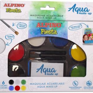 alpino fiesta aqua make up pack con paleta de maquillaje acuarelable con 6 colores + 2 pinceles + esponja y guia de uso se lava con agua y jabon colores surtidos