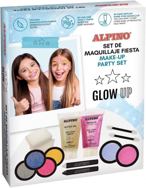 alpino set de maquillaje fiesta glow up se lava con agua y jabon testado dermatologicamente colores surtidos