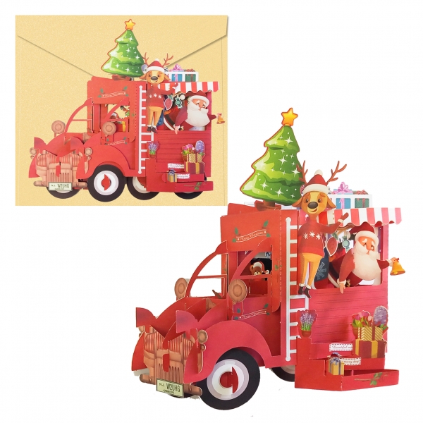 dohe truck tarjeta 3d de felicitacion navideña con sobre tamaño 14.5x11cm impresas a todo color