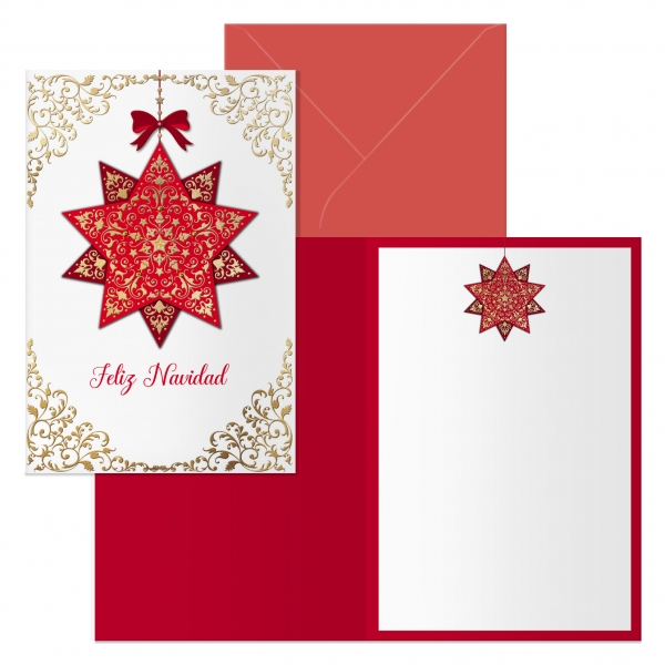 dohe golden star pack de 6 tarjetas de felicitacion navideña con sobre tamaño cerrada 11.5x17cm, abierta 23x17cm papel offset impresas a todo color