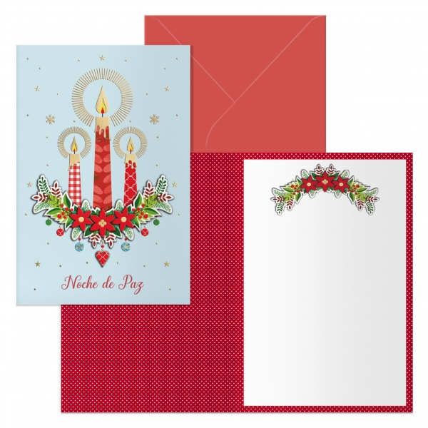 dohe candel pack de 6 tarjetas de felicitacion navideña con sobre tamaño cerrada 11.5x17cm, abierta 23x17cm papel offset impresas a todo color