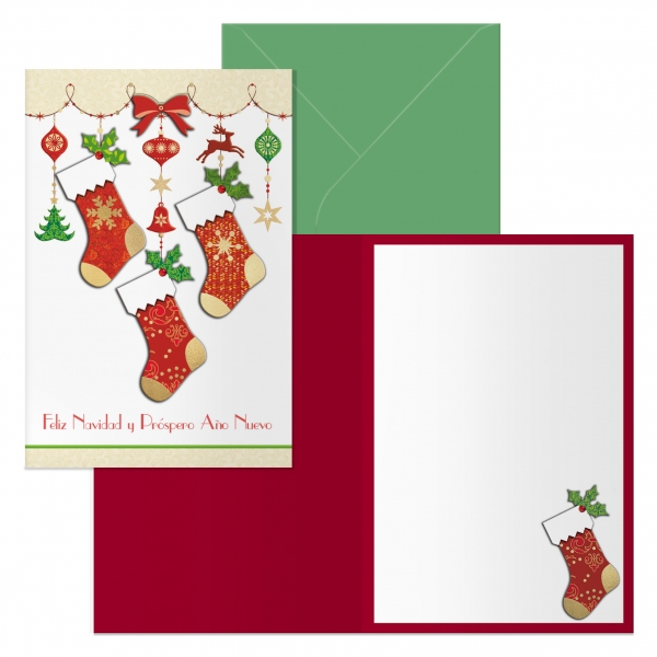 dohe calcetines pack de 6 tarjetas de felicitacion navideña con sobre tamaño cerrada 11.5x17cm, abierta 23x17cm papel offset impresas a todo color