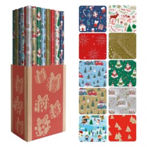 dohe navidad expositor de 50 rollos de papel regalo 10 diseños diferentes 5 rollos por diseño medidas del rollo 0.70x2m
