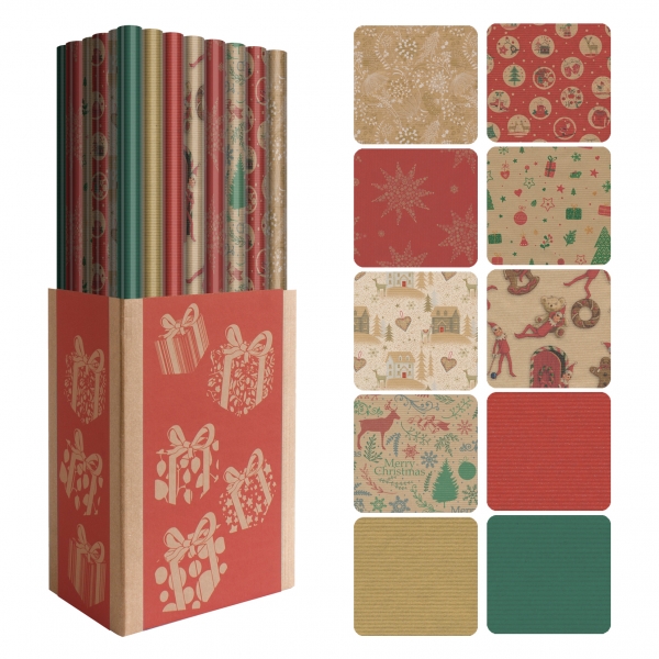 dohe navidad kraft expositor de 50 rollos de papel regalo 10 diseños diferentes 5 rollos por diseño medidas del rollo 0.70x2m