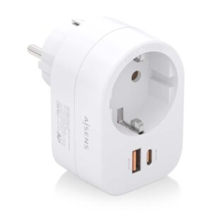 aisens regleta de pared multifuncion con 1 toma + 1xusb c 20w pd3.0 1xusb a 20w qc3.0 color blanco