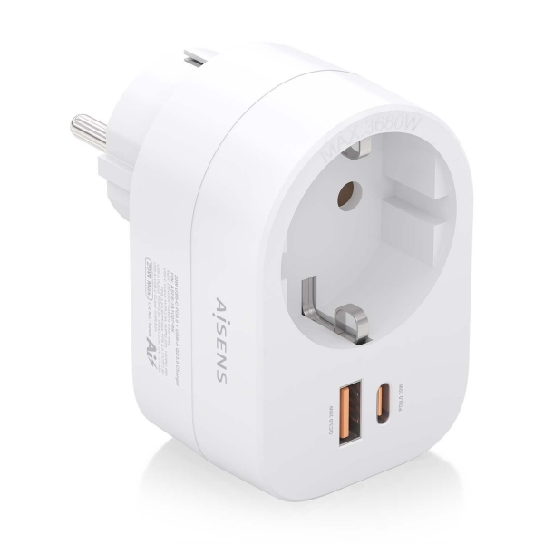 aisens regleta de pared multifuncion con 1 toma + 1xusb c 20w pd3.0 1xusb a 20w qc3.0 color blanco