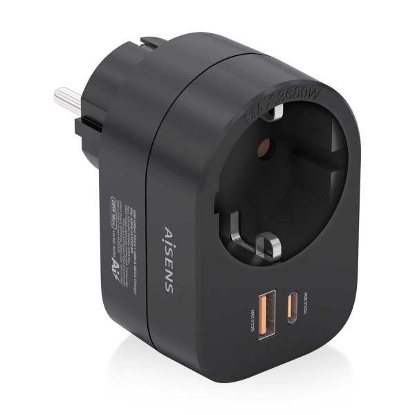 aisens regleta de pared multifuncion con 1 toma + 1xusb c 20w pd3.0 1xusb a 20w qc3.0 color negro