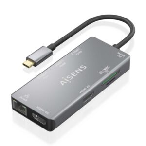 aisens usb c dock 9 en 1 usb c a 2xhdmi 1xrj45 2xusb a usb3.0 1xusb a usb2.0 1xusb c pd 1xsd 1xmicro sd 15cm color gris