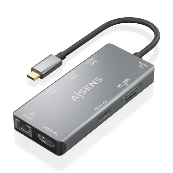 aisens usb c dock 9 en 1 usb c a 2xhdmi 1xrj45 2xusb a usb3.0 1xusb a usb2.0 1xusb c pd 1xsd 1xmicro sd 15cm color gris