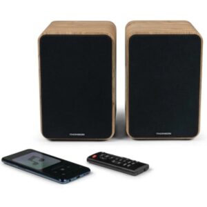 thomson ws602duo altavoces 100w bluetooth 5.0 entrada rca, optica mando a distancia color madera