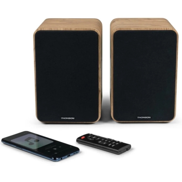 thomson ws602duo altavoces 100w bluetooth 5.0 entrada rca, optica mando a distancia color madera