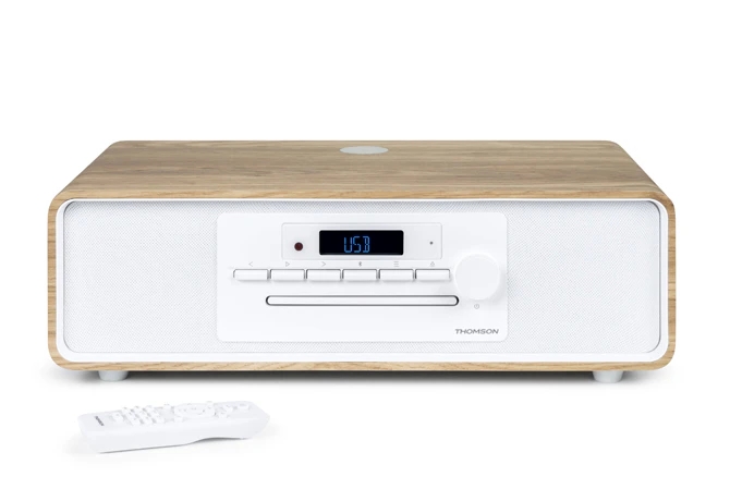 thomson mic300ibt micro cadena 60w bluetooth 5.0 reproductor de cd, radio fm, reproductor usb (mp3) funcion de carga inalmbrica mando a distancia color madera/blanco