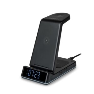 thomson reloj despertador con estacion de carga inalambrica para smartphone, iwatch y auriculares pantalla lcd luz de noche color negro