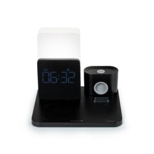 thomson reloj despertador con estacion de carga inalambrica para smartphone, smartwatch carga usb c para auriculares pantalla lcd luz nocturna led color negro