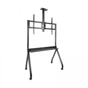 tooq istar soporte de suelo con ruedas para pantallas de 55 100" bandeja inferior multiusos y bandeja superior regulable para webcam ruedas con sistema de bloqueo peso max 120kg vesa max 900x600 color negro