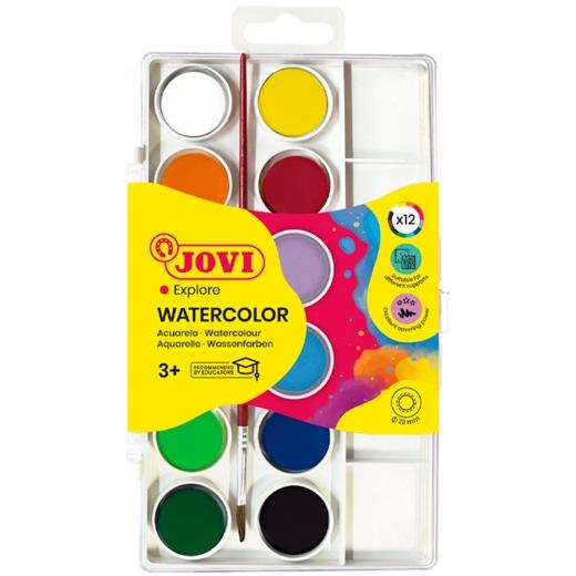jovi pack de 12 acuarelas en pastilla 22mm + pincel brillantes facilmente mezclables colores surtidos