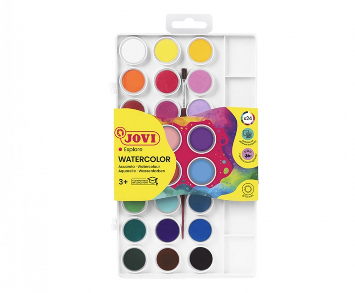 jovi pack de 24 acuarelas en pastilla 22mm + pincel brillantes facilmente mezclables colores surtidos