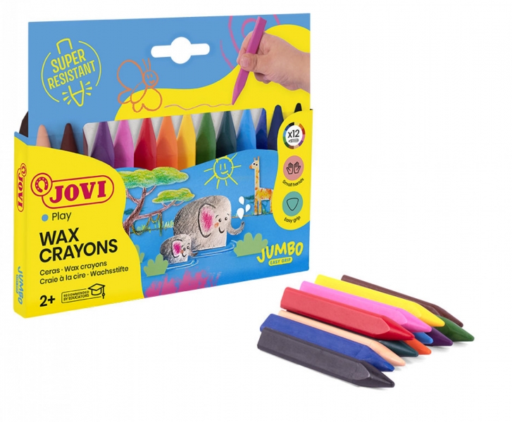 jovi triwax estuche de 12 ceras triangulares no manchan trazo suave gran rendimiento apto para sacapuntas libre de alergenos colores surtido