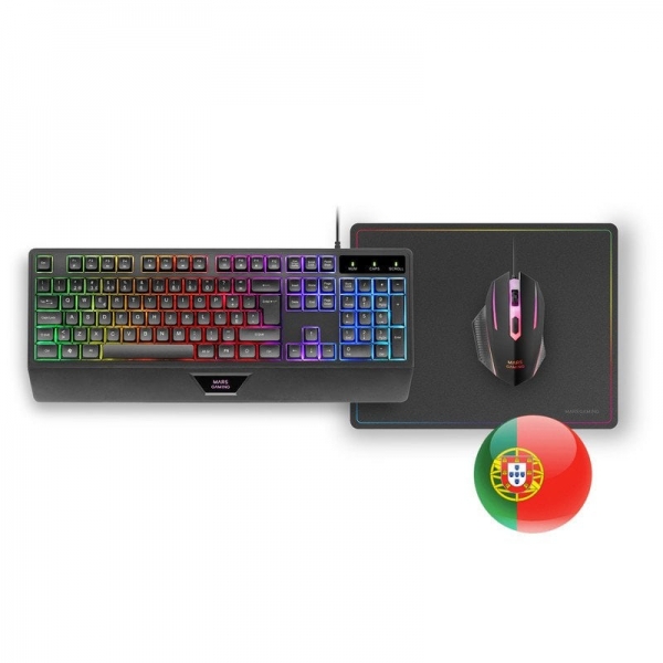 mars gaming mcp124 combo gaming 3en1 teclado h mech rgb raton 3200 dpi switches huano alfombrilla nanotextil rainbow multiplataforma color negro