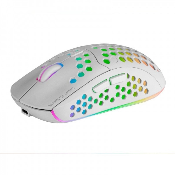 mars gaming mmw3 raton inalambrico ultraligero iluminacion rgb flow sensor optico 3200 dpi switches mecanicos huano bateria recargable color blanco