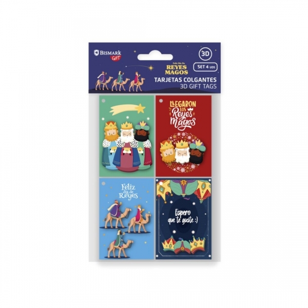 bismark pack de 4 tarjetas de felicitacion navideña diseño con relieve tamaño cerrada 6x8cm,abierta 12cm se pueden colgar incluyen cordon