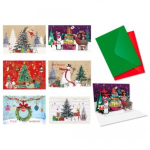 bismark pack de 24 tarjetas de felicitacion navideña pop up tamaño tarjeta 11.5x17cm diseños variados incluye sobres de colores
