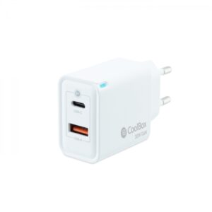 coolbox cargador de pared 30w qc3.0 + pd usb a + usb c carga rapida tecnología gan color blanco