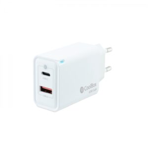 coolbox cargador de pared 45w qc3.0 + pd usb a + usb c carga rapida tecnología gan color blanco