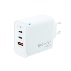 coolbox cargador de pared 65w qc3.0 + pd usb a + 2xusb c carga rapida tecnología gan color blanco