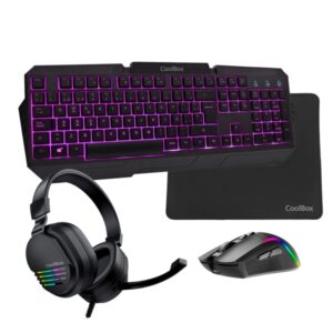 coolbox gaming xwing2 pack gaming teclado usb + raton usb 7200dpi + auriculares jack 3.5mm + alfombrilla iluminacion led en 3 colores color negro