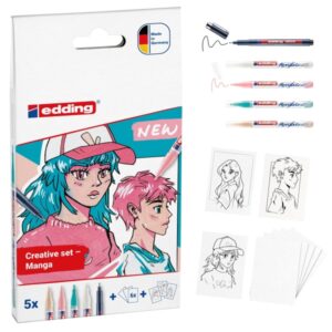 edding set acrilico manga pack de 4 rotuladores 5300 + 1 rotulador 1800 + 6 tarjetas en blanco + 3 plantillas + 1 folleto con instrucciones colores surtidos