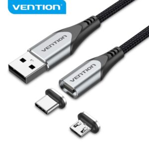 vention cqmhd cable usb a 2.0 a micro b y usb c magnetico conectores intercambiables transferencia 480 mb/s color gris