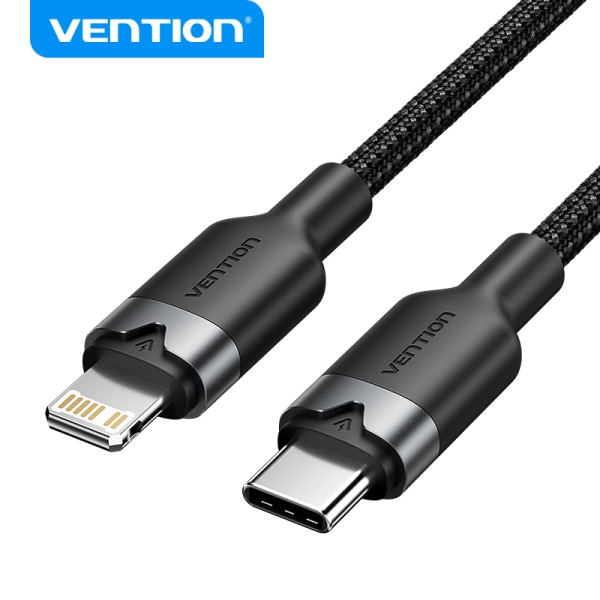 vention cable de carga usb c/lightning aluminio trenzado 480mbps 3a 27w max color negro
