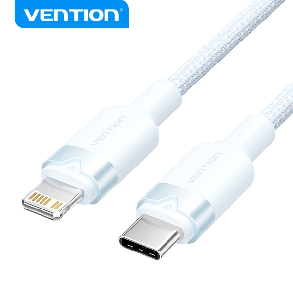 vention cable de carga usb c/lightning aluminio y algodon trenzado 480mbps 3a 27w max color azul