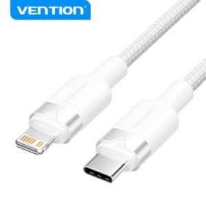 vention cable de carga usb c/lightning aluminio trenzado 480mbps 3a 27w max color blanco