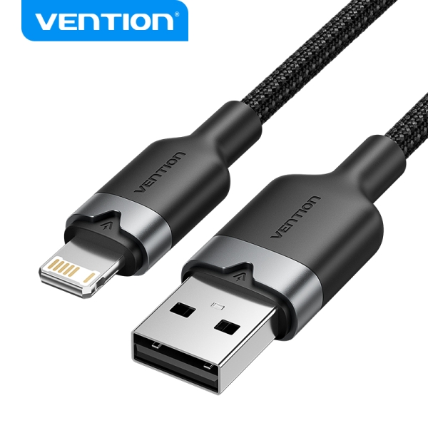 vention cable de carga usb a/lightning aluminio y algodon trenzado 480mbps 2.4a 2m color negro