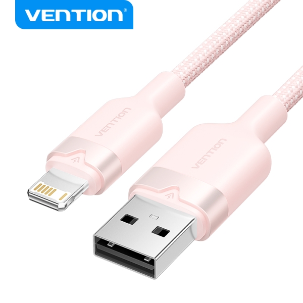 vention cable de carga usb a/lightning aluminio y algodon trenzado transferencia 480mbps alimentacion 2.4a color rosa
