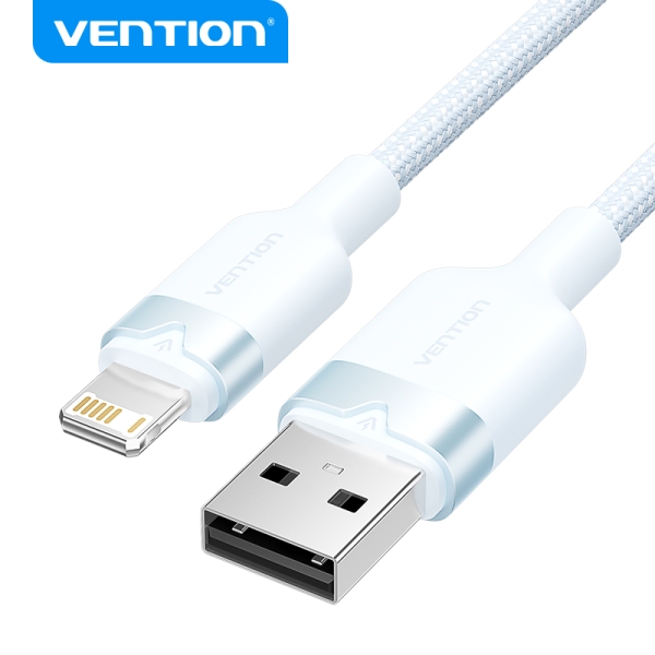 vention cable de carga usb a/lightning aluminio y algodon trenzado 480mbps 2.4a color azul