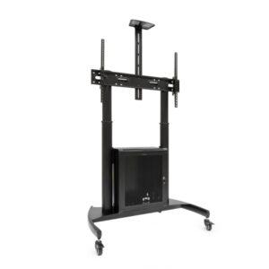 tooq narnia soporte de suelo con ruedas para pantallas de 60 100" armario inferior y bandeja superior regulable para webcam ruedas con sistema de bloqueo peso max 100kg vesa max 1000x600 color negro