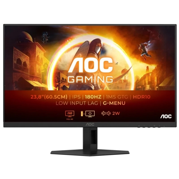 aoc g4 monitor 23.8" led fast ips fullhd 180hz hdr10 respuesta 1ms angulo de vision 178° altavoces incorporados hdmi, displayport, audio montaje vesa 100x100