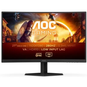 aoc g4 monitor 27" curvo 1500r led fast va fullhd 280hz hdr10 respuesta 1ms angulo de vision 178° hdmi, displayport, audio montaje vesa 100x100