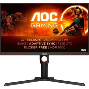aoc g3 monitor 27" mini led va qhd hdr1000 180hz respuesta 1ms ajustable en altura, giratorio e inclinable angulo de vision 178° hdmi, displayport, audio montaje vesa 100x100
