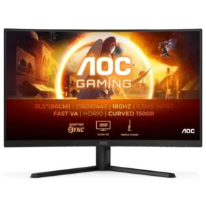 aoc g4 monitor 31.5" curvo 1500r led fast va qhd 180hz hdr10 respuesta 1ms angulo de vision 178° hdmi, displayport, audio montaje vesa 100x100
