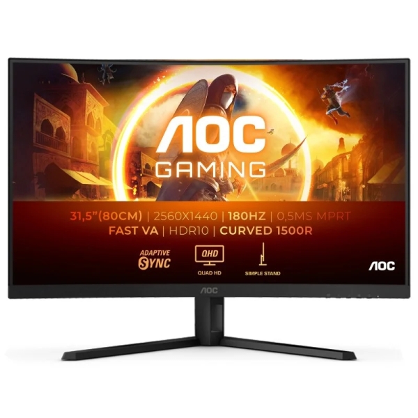aoc g4 monitor 31.5" curvo 1500r led fast va qhd 180hz hdr10 respuesta 1ms angulo de vision 178° hdmi, displayport, audio montaje vesa 100x100