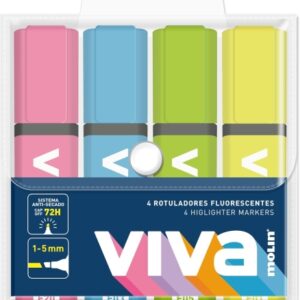 molin viva pack de 4 marcadores fluorescentes trazo entre 1 y 5mm tinta con base de agua colores surtidos