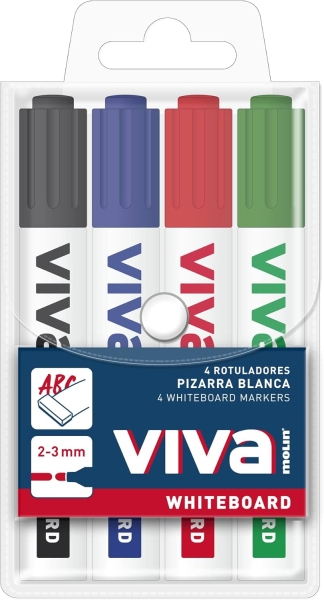 molin viva pack de 4 rotuladores para pizarra blanca punta redonda de fibra sintetica trazo 3mm tinta con base de alcohol colores surtidos