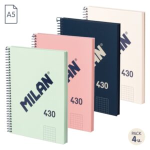 milan serie 1918 pack de 4 cuadernos espiral formato a5 cuadricula 5x5mm 80 hojas de 95 gr/m2 microperforado, 2 taladros colores surtidos