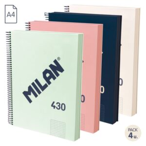 milan serie 1918 pack de 4 cuadernos espiral formato a4 cuadricula 5x5mm 120 hojas de 95 gr/m2 microperforado, 4 taladros colores surtidos