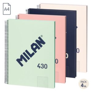 milan serie 1918 pack de 4 cuadernos espiral formato a4 cuadricula 5x5mm 80 hojas de 95 gr/m2 microperforado, 4 taladros colores surtidos